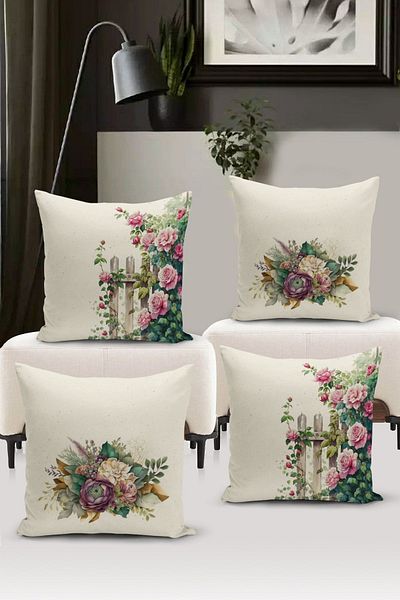 Bertille Home Flower/Vintage Series Double Sided Digital Printed 4-Piece Throw Pillow Case Set (Cushion Cover Set)