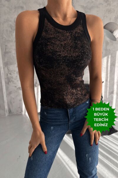 Balenbi 1065 Black Glitter Printed Sleeveless Women's Bodysuit