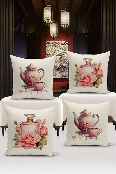 Bertille Home Σετ ριχτάρι μαξιλαριού 4 τεμαχίων με ψηφιακή εκτύπωση διπλής όψης σειράς Flower/Vintage (Σετ κάλυμμα μαξιλαριού)