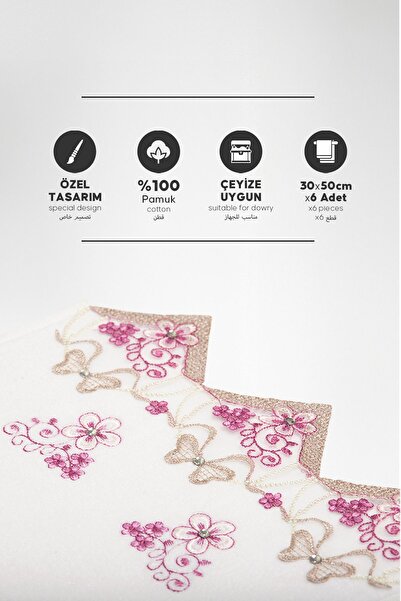 Durul Набір з 6 розкішних кухонних рушників - 100% бавовна, оксамит, вишивка метеликами, 30x50, з мереживом