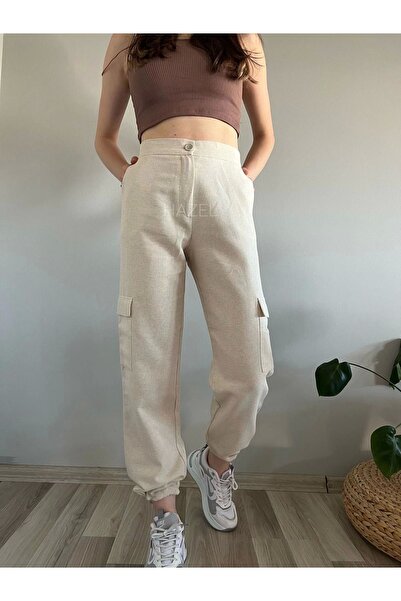 polle Pantaloni de damă din in cu talie înaltă - culoare piatră, buzunar cargo