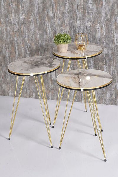 Golden Bark Serving Coffee Tables Set Of 3 Pieces, 34CM, Add Elegance To Your Home - GREY MARBLE/GOLD