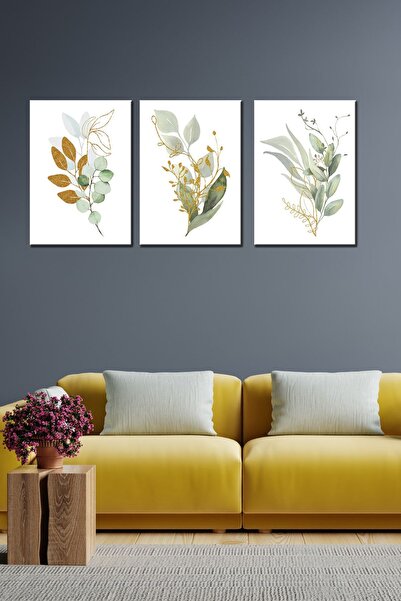 GİZEM SHOP Green Flowers Art 3 Τεμάχια Μοντέρνα Ζωγραφική Τοίχων Τεχνική Εκτύ...