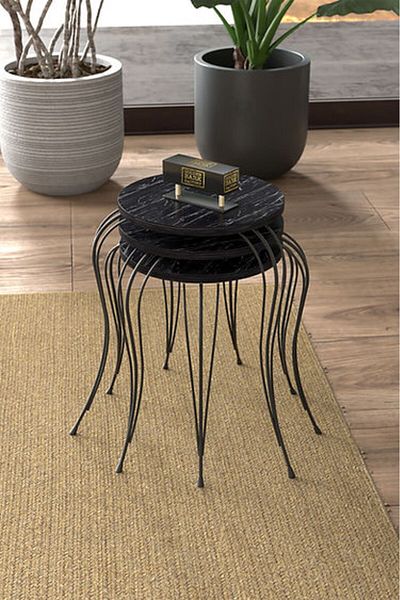Golden Bark New Serving coffee Tables Set Of 3 Pieces, Add Elegance To Your Home, 38CM - BLACK MARBLE/BLACK