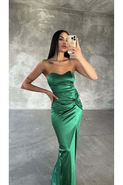 dükkan10butika Rochie de seara verde cu fanta lunga decoltata cu cravata la spate - Rochie de seara de logodna si nunta