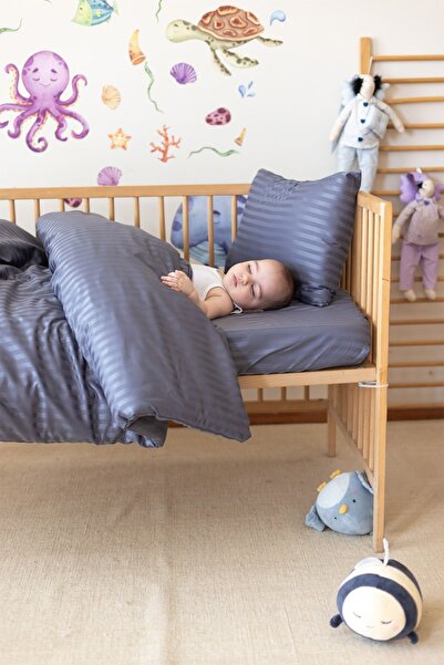 Tekstil Home Lüx Renkli Serisi Çizgili Saten Bebek Nevresim Takımı Organik Pa...