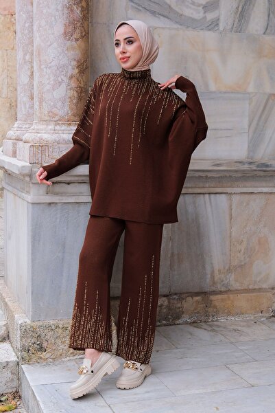 LOCCO Brown Glitter Bat Sleeve Double Knitwear Set