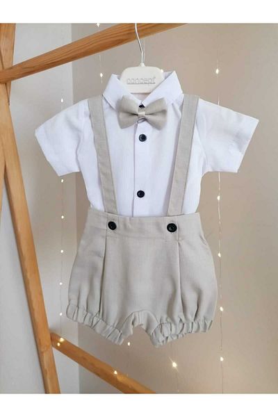 bebeksen Beige Classic Baby Boy Salopet Suit with Bow Tie and 3-Piece Shorts Special Day Outfit Wedding Baby Gift