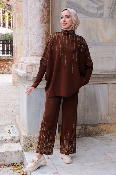 LOCCO Brown Glitter Bat Sleeve Double Knitwear Set