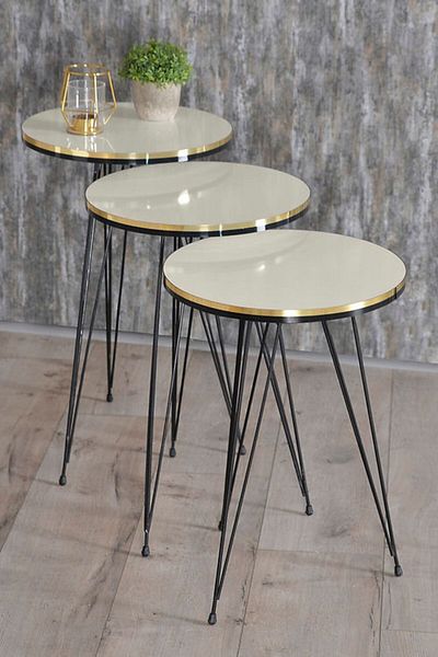 Golden Bark Serving Tables Set Of 3 Pieces, Serve Coffee And Tea And Add Elegance To Your Home - Beige/BLACK