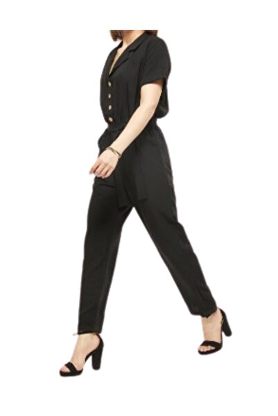 ZY BUTİK Short Sleeve Black Jumpsuit - Button Detailed
