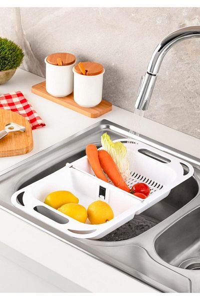 ŞAKİLATA CONCEPT White Multifunctional Vegetable Fruit Washing Basket and Sink Strainer - Cut Board