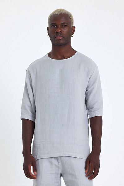 İLKCET MODA Ανδρικό μπλουζάκι με μισό μανίκι κανονικό λινό