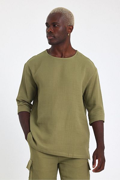 İLKCET MODA Ανδρικό μπλουζάκι με μισό μανίκι κανονικό λινό