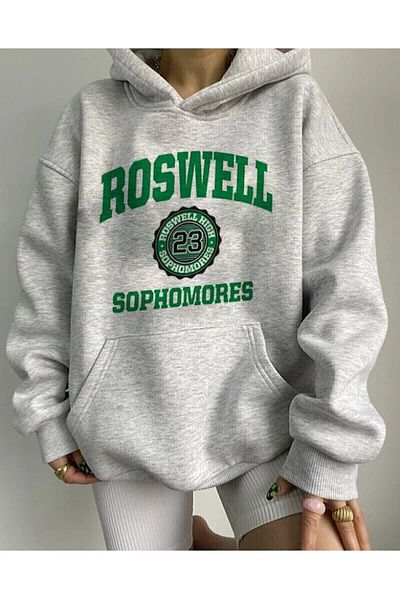blackjack giyim Unisex šedá oversize mikina s kapucí a kapucí s kapucí a kapucí Roswell s potiskem