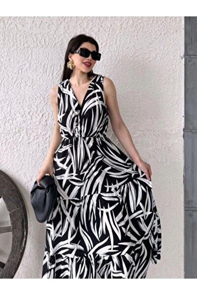 lovebox Viskon Kumaş Beli Lastikli Askılı V Yaka Desenli V Yaka Yazlık Kadın ...