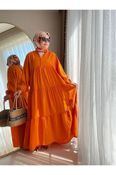gül sezgin butik Orange Colored Casual Women's Dress - Bat Sleeve