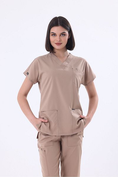 EGEUNIFORM طقم نيو إيليت ليكرا للجنسين باللون البيج - قهوة الحليب، جيب مرن للشحن، جيرسي للأطباء والممرضات