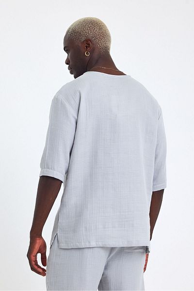 İLKCET MODA Ανδρικό μπλουζάκι με μισό μανίκι κανονικό λινό