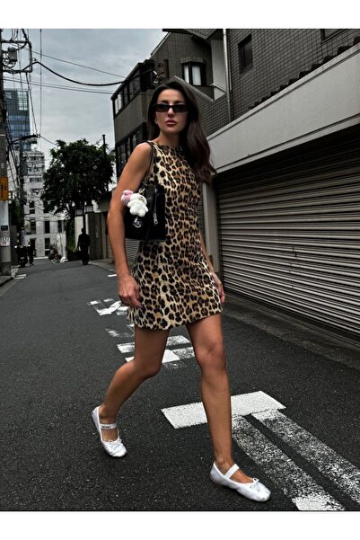 ADASTYLE KOPYA - LEOPAR MİNİ FERMUARLI KADIN KOLSUZ YAZLIK ELBİSE