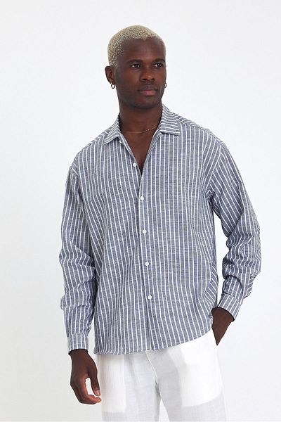 İLKCET MODA Ανδρικό μακρυμάνικο πουκάμισο Oversize ριγέ