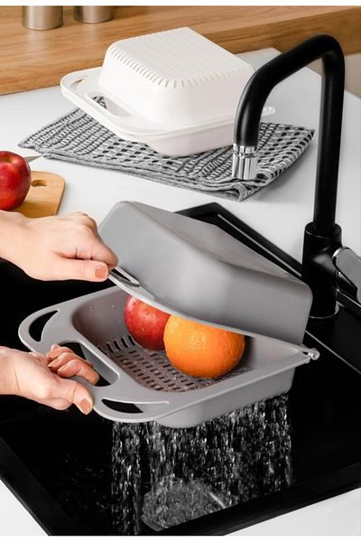 ŞAKİLATA CONCEPT Gray Adjustable Cutting Board - Multifunctional Vegetable and Fruit Washing Basket, Sink Strainer