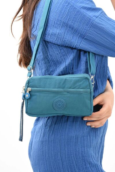 Alanç Gift Special Water Resistant Blue Fabric Four Compartment Women's Hand, Shoulder Cross Phone Holder Wallet Bag
