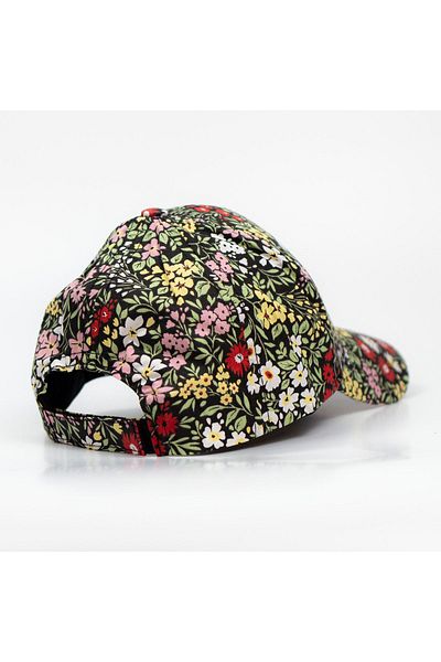 LEAN CAP Summer Flower Breeze Patterned Black Cotton Poplin Fabric Adjustable Standard Size