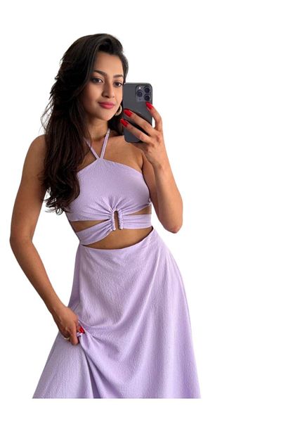 WOMAN VISION Rochie de seară elegantă liliac pentru femei - decolteu cu halter și detaliu decoltat - 701