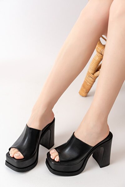 asmi shoes Kadın Siyah  Geniş Bantlı (12cm) Ortapedik Platform  Terlik