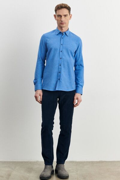 ALTINYILDIZ CLASSICS Erkek K.mavı Flanel Oxford Kışlık Slim Fit Dar Kesim Düğmeli Yaka Gömlek