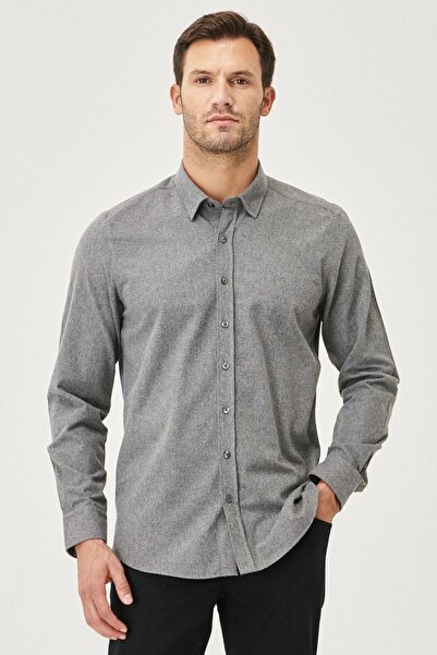 AC&Co / Altınyıldız Classics Erkek Koyu Gri Flanel Oxford Kışlık Slim Fit Dar Kesim Düğmeli Yaka Gömlek