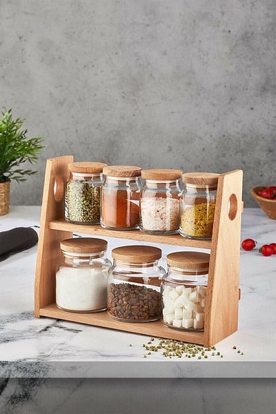 GÖNÜL 8 Piece Glass Spice Set with Bamboo Lid and Stand