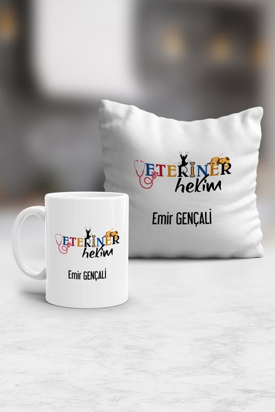 Hedizu Kişiye Özel Veteriner Hekim Yastık ve Kupa Hediye Seti İsme Özel Tıp B...
