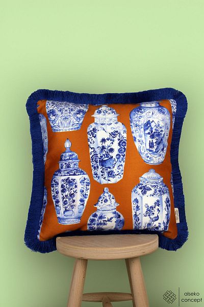 Alseko Concept 43x43cm Square Throw Pillow Cover - Flower Pot Tassel, Orange Floor and Tile Vase Pattern