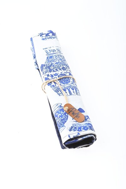 Pinart Tile Bleu Blanc Patterned Roll Brush Bag Brush Holder