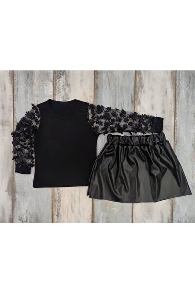 Mislina Girl's Black Leather Skirt Top Combed Cotton Sleeves Tulle Rose Detailed Double Suit