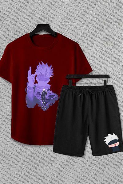 aynewmoda Комплект оверсайз с аниме принт Jujutsu Kaisen и Годжо Сатору - къси панталони и тениска