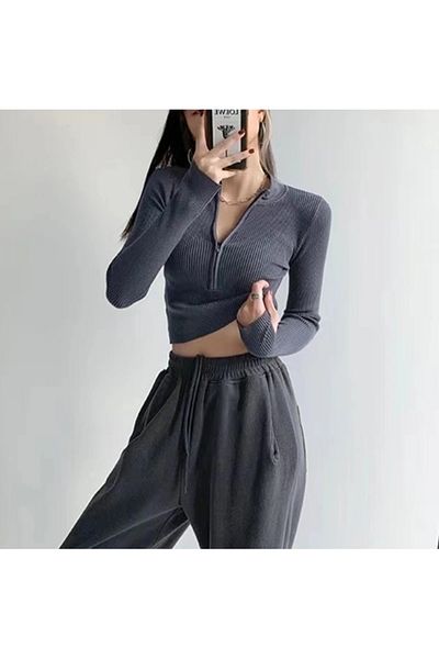 Touz Moda Y2k Harajuku Γυναικεία Crop Μπλούζα - Λεπτομέρεια με φερμουάρ