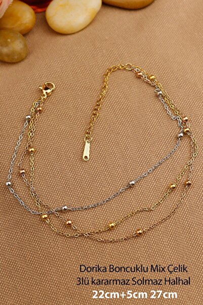 Keyifli Hayaller Steel Anklet -3Pcs Dorica Beaded 316L Steel Chain Anklet Mix...