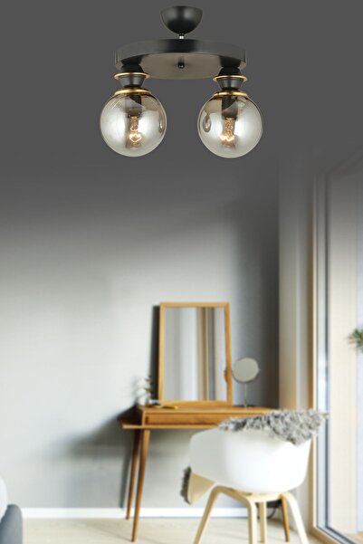 Genel Markalar Siyah 2'li Plafonyer Füme Glop Top Camlı Aşağı Bakan Lüks Avize