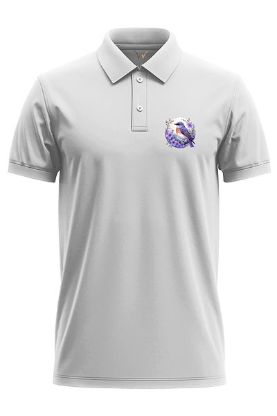 WİDİ Minimal Stylish Chest Printed Sparrow on Branch Regular Fit 100% βαμβακερό λευκό μπλουζάκι με γιακά πόλο