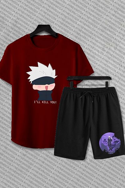 aynewmoda Комплект Jujutsu Kaisen Anime Gojo Satoru Oversize - къси панталони и тениска с щампа