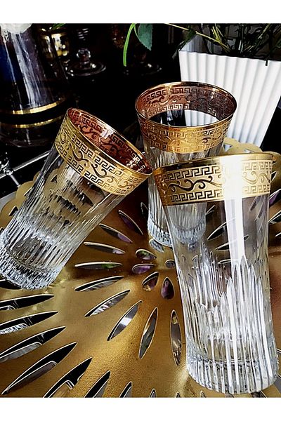 DECOSTYLE Gold Patterned Decorated Soft Drink Glass 6 Pieces Handcrafted