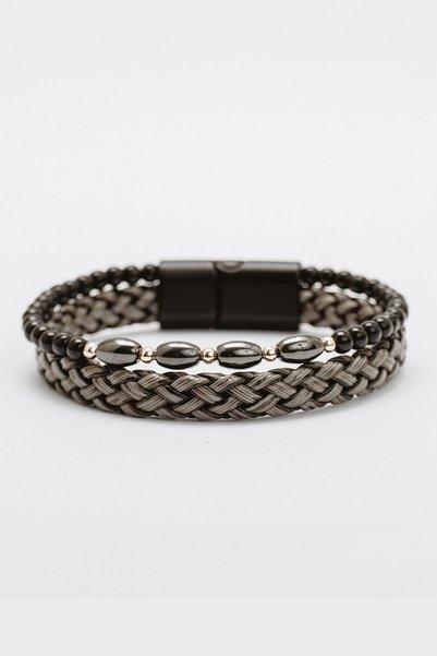 JuraDeri Men's Hematite and Onyx Stone Bracelet - Double Braided, Oval Design, Handmade