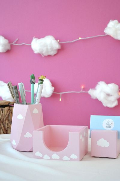 Bİ DOLU DÜKKAN Pink Cloudy Geometric Office Set - Pen Holder, Notepad Holder and Business Card Holder Organizer