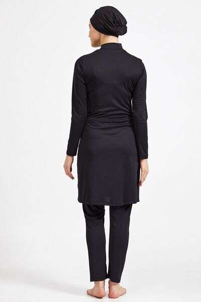 MEBA Siyah Tüy Desen Uzun Kollu Taytlı Likralı Tam Kapalı Tesettür Mayo