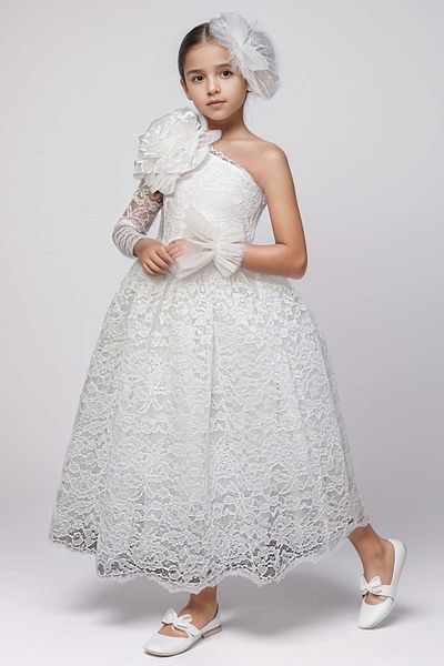 Riccotarz White Single Sleeve Girl's Dress with Flower Brooch and Lace Detail