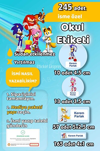 Sticker Ekspres Okul Etiketi Sonic Temalı Kalem Defter Etiketi Özel İsim Yazı...