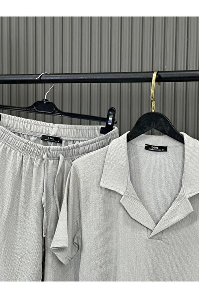 NO 601 Γκρι ζαρωμένο ύφασμα Tiril μπλουζάκι casual loose εφαρμογή με διπλές τσέπες casual τσαλακωμένο ανδρικό σορτς